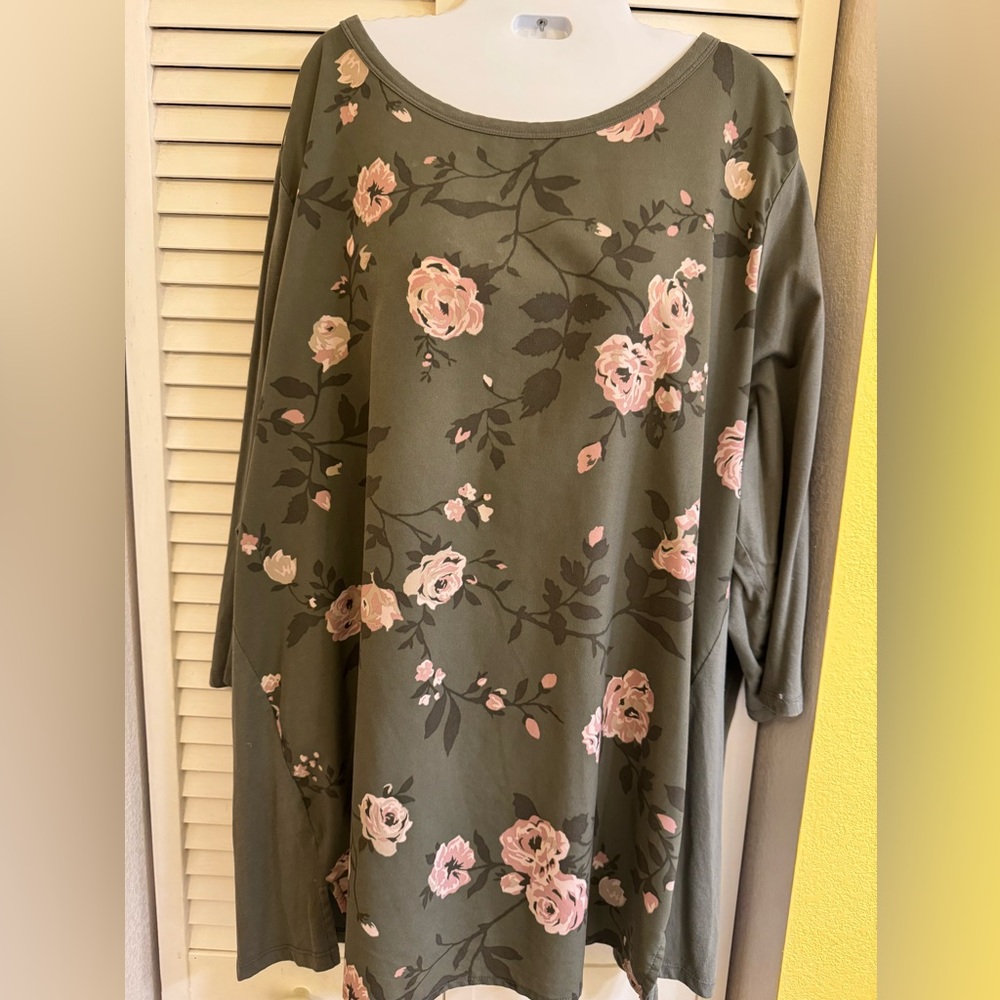Lane Bryant Olive Floral Long Sleeve Top